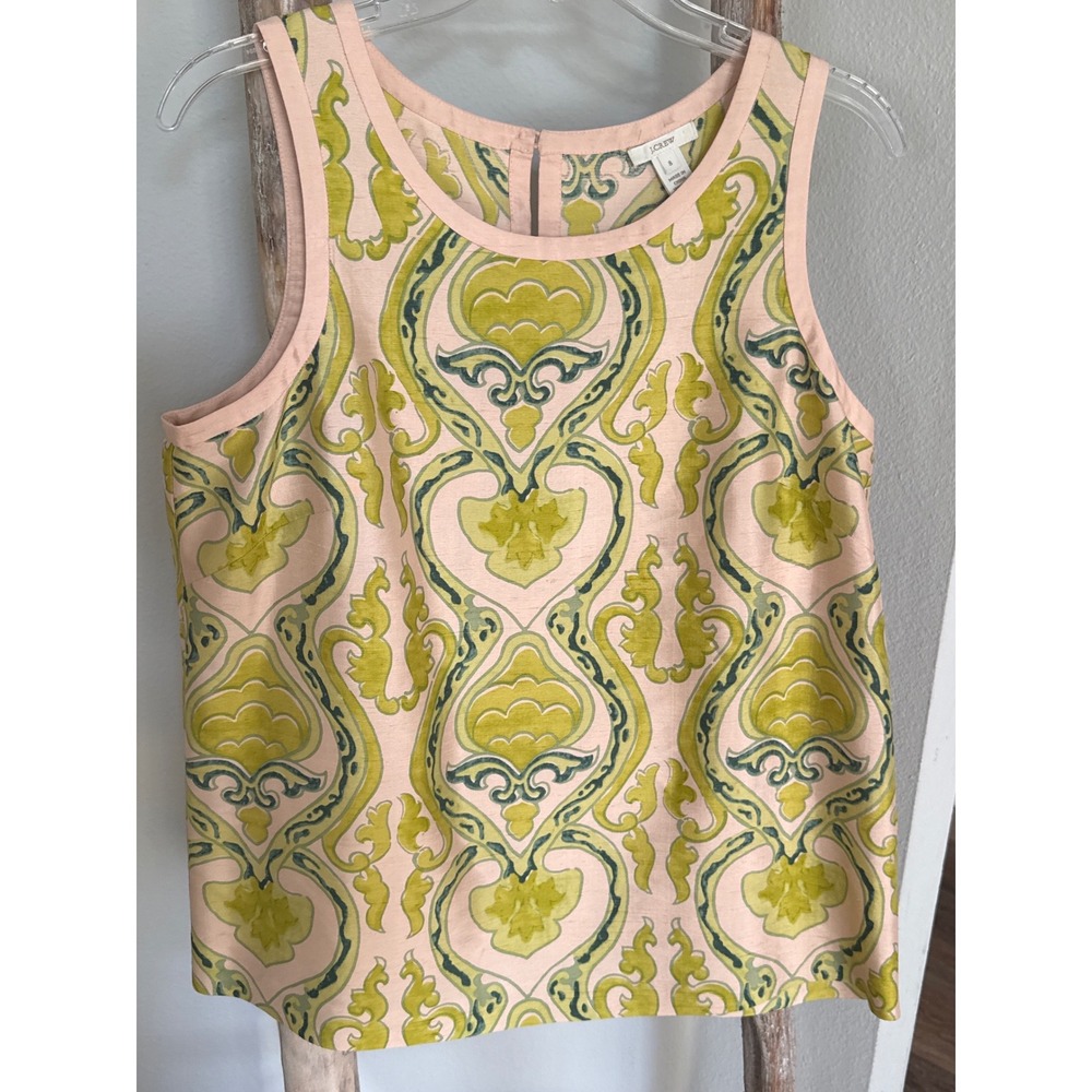 J.Crew silk shell top soft pink base ornate green filigree scroll print size 8